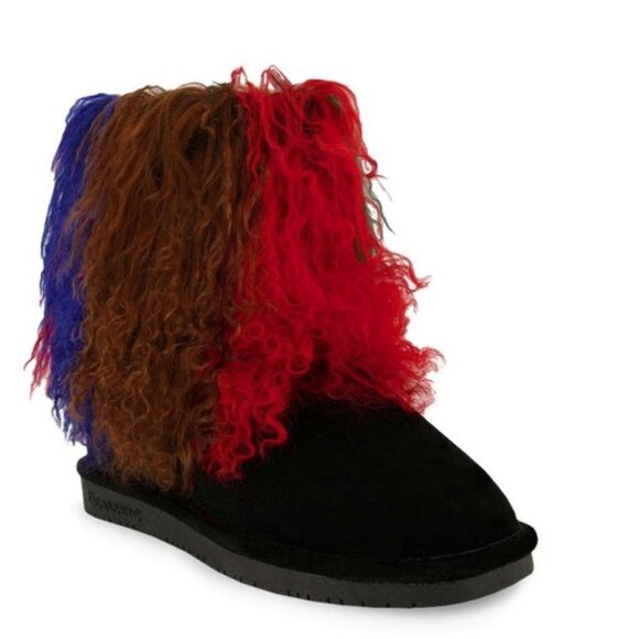 New Bearpaw Boo Boots Genuine Leather Suede Long Fur Sheepskin Black Size 10 - Picture 2 of 12